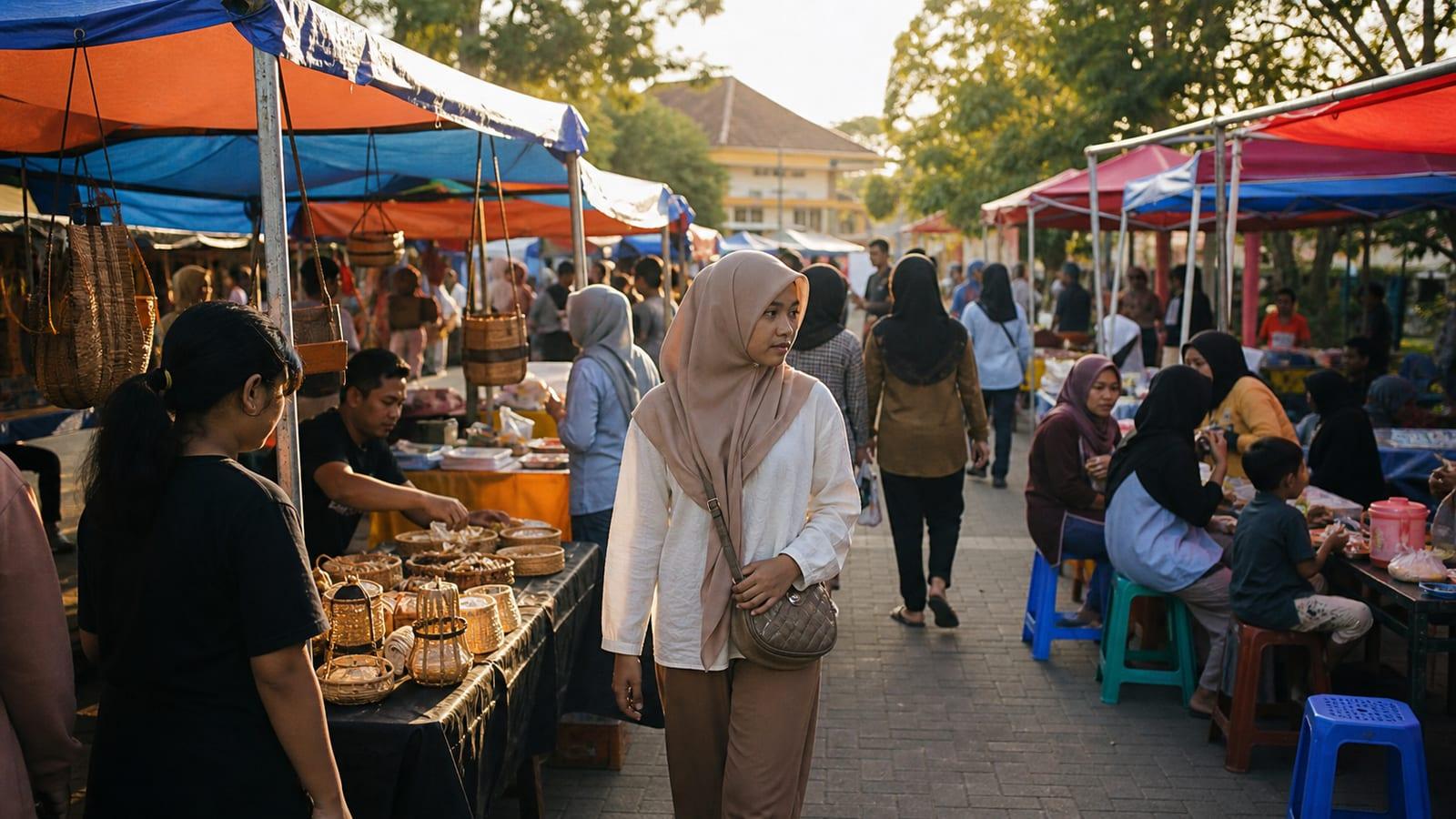 Pengunjung berjalan di antara tenda terpal bazar UMKM saat sore, penjual menata dagangan dan pembeli duduk di kursi plastik