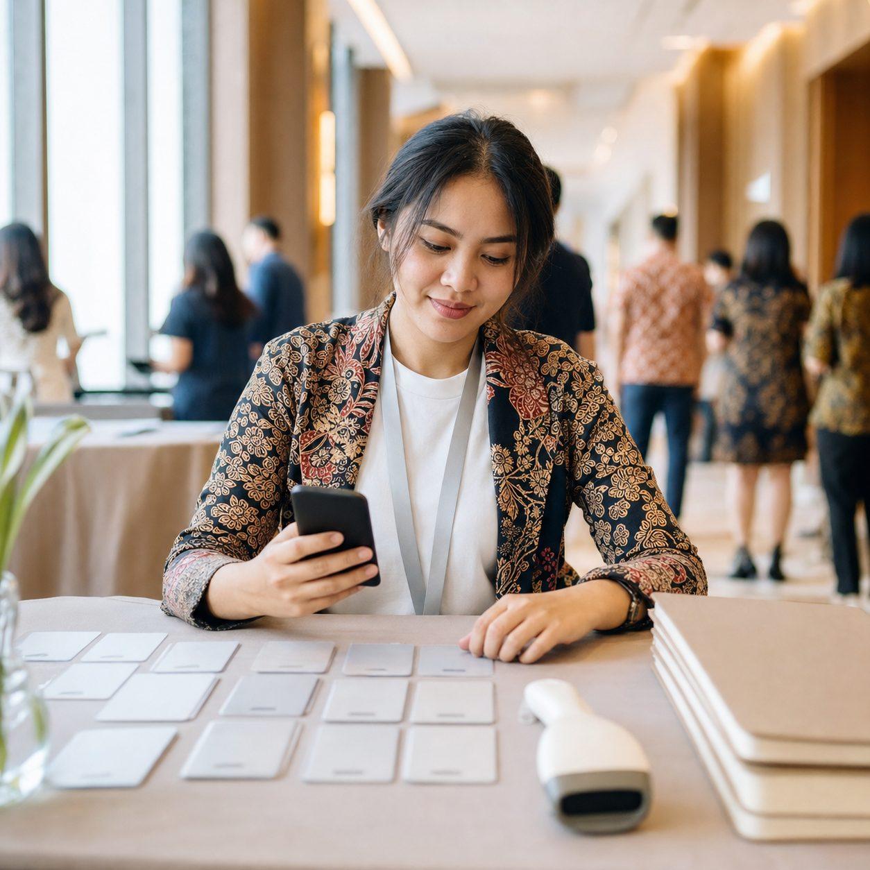 Panitia acara berblazer batik duduk di meja registrasi sambil melihat HP, name tag kosong dan alat pemindai QR tertata di meja, tamu berdatangan di latar belakang
