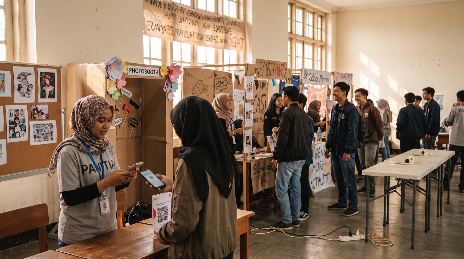 Panitia berkaus PANITIA memindai QR tiket di HP pengunjung di meja registrasi pameran kampus, mahasiswa ramai di antara booth kardus dan photobooth