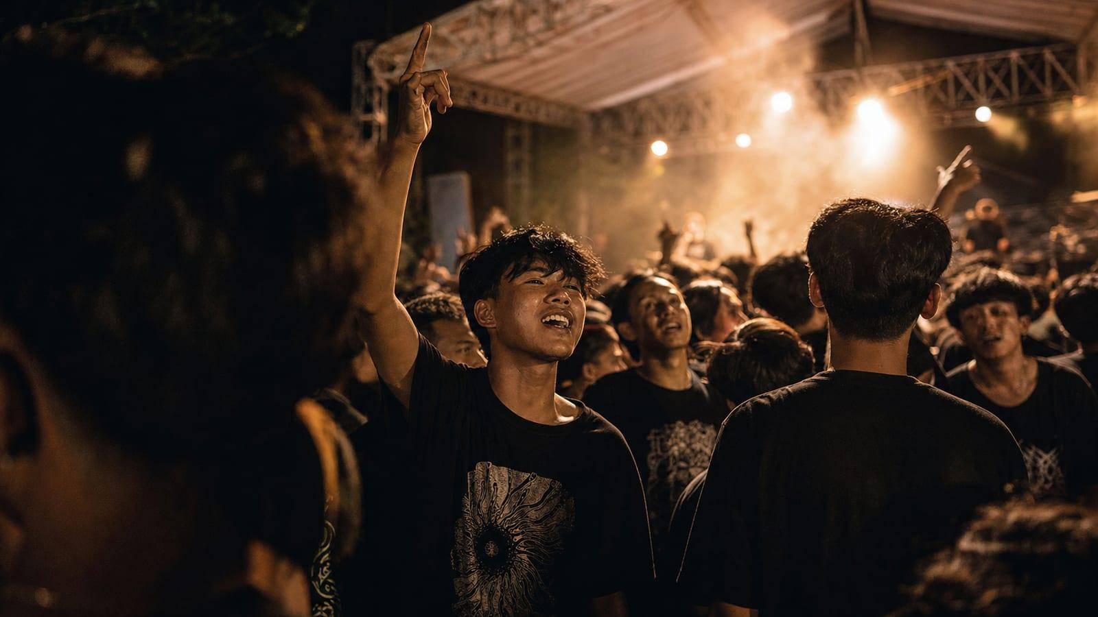 Penonton muda berkaus hitam mengangkat tangan di depan panggung gig malam hari yang disorot lampu hangat
