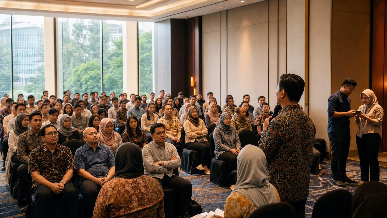 Peserta rapat perusahaan duduk memenuhi ballroom hotel mendengarkan pembicara berbatik, panitia mendata kehadiran lewat HP di sisi ruangan