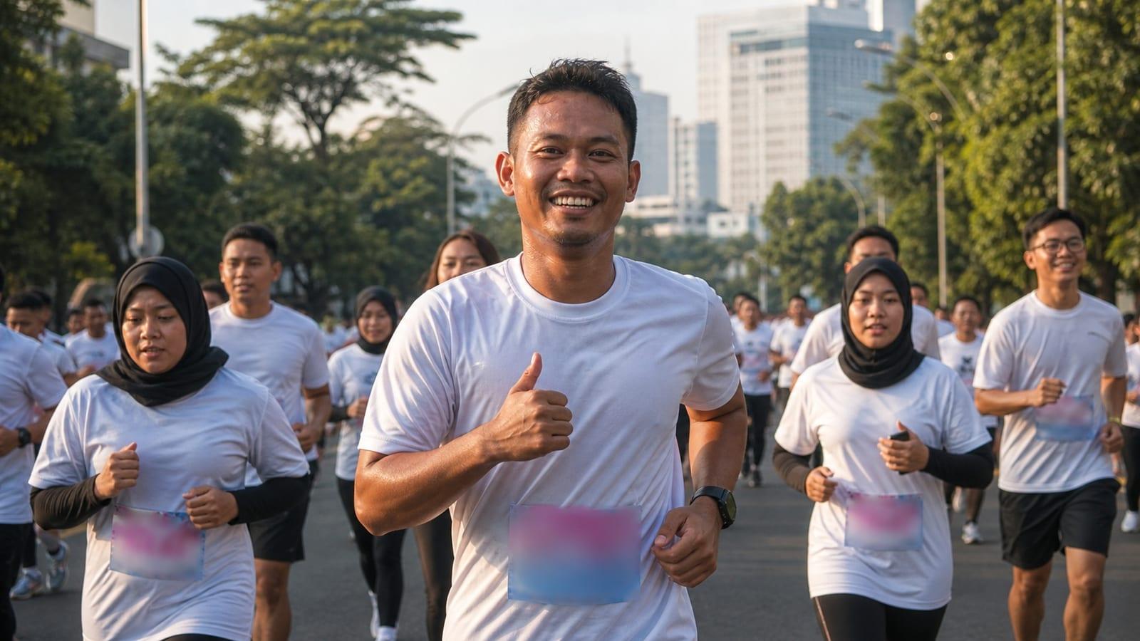 Rombongan pelari fun run berkaus putih dengan nomor dada berlari di jalan kota saat pagi