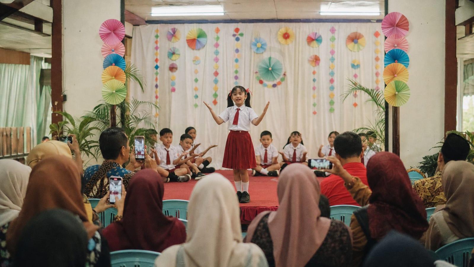 Siswa SD berseragam merah putih tampil di panggung pentas seni sekolah, orang tua menonton dan merekam dengan HP