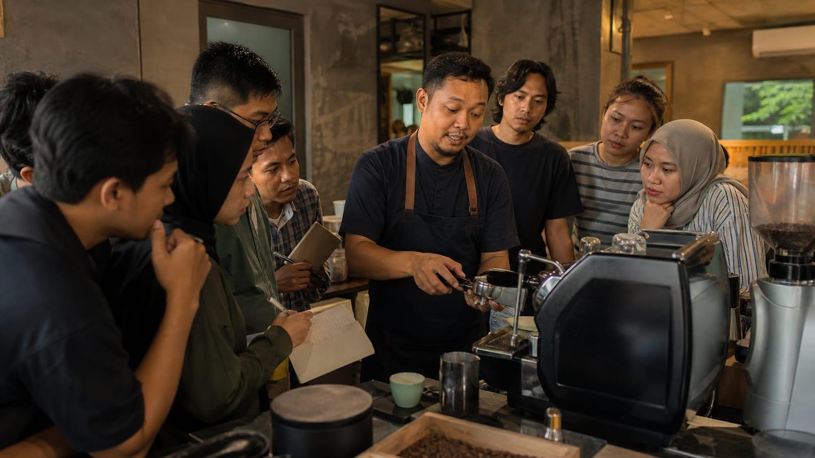 Peserta kelas barista berkumpul mengelilingi mesin espresso memperhatikan instruktur, satu peserta mencatat di buku